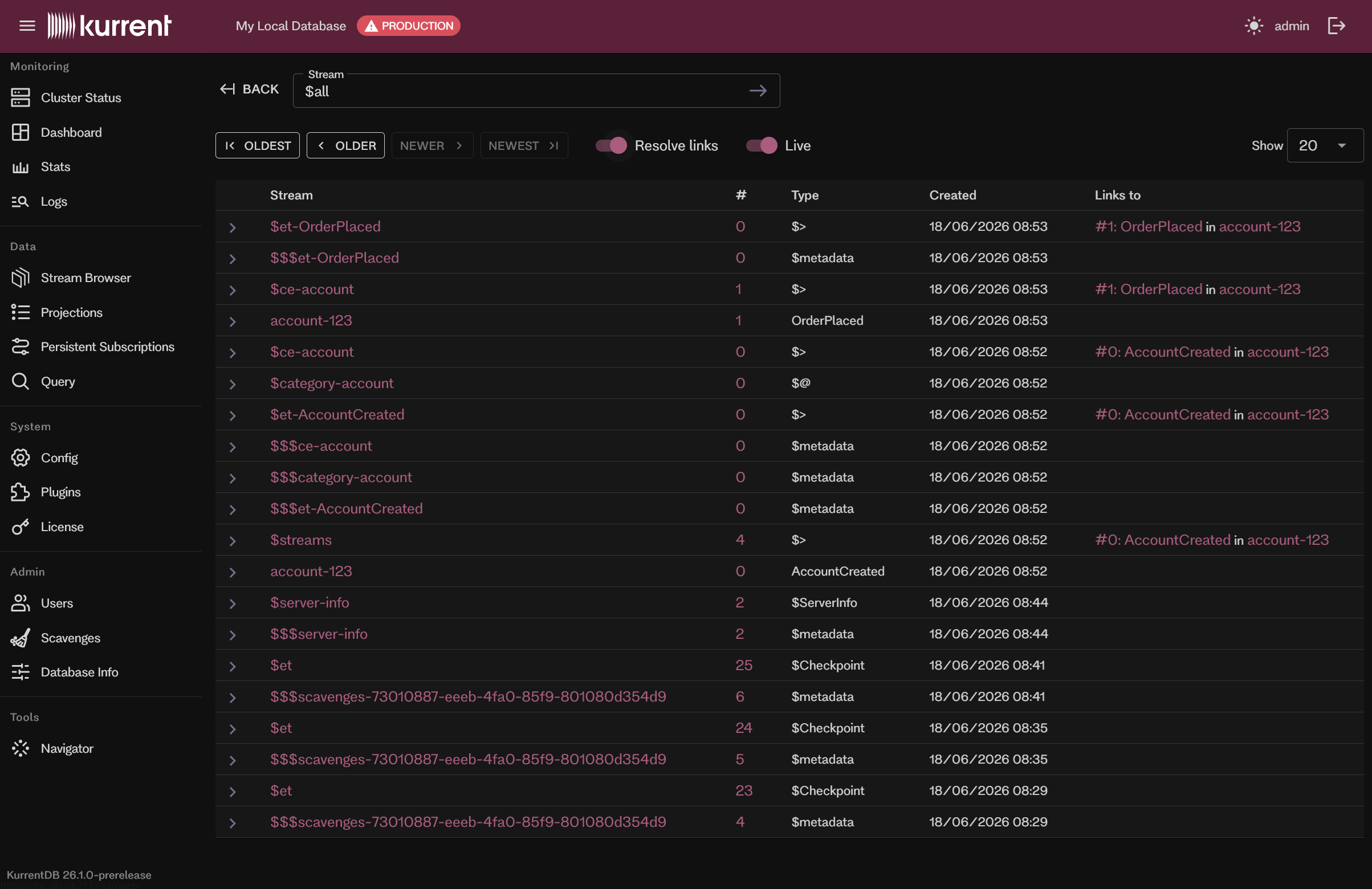 Embedded UI Stream Browser page